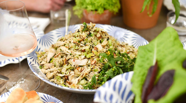 Wild Rice and Chicken Salad Recipe in a Big Blue and White Bowl