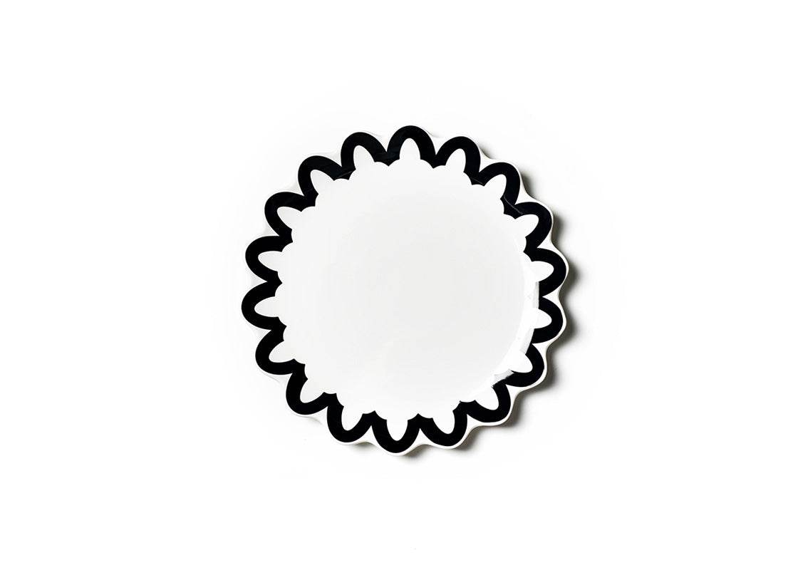 Overhead View of Handcrafted Black Arabesque Trim Scallop Dinner Plate