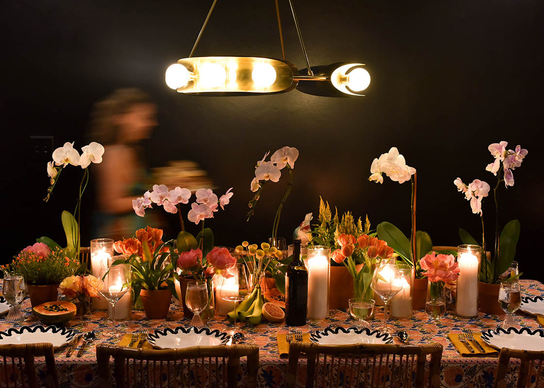 Side View of Beautiful Tablescape Including Black Arabesque Trim Scallop Dinner Plates