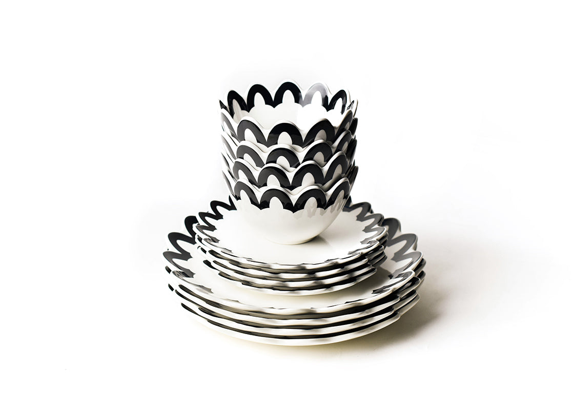 Front View of Neatly Stacked Black Arabesque Scallop Dinnerware 12 Piece Set Showing all Pieces in Set