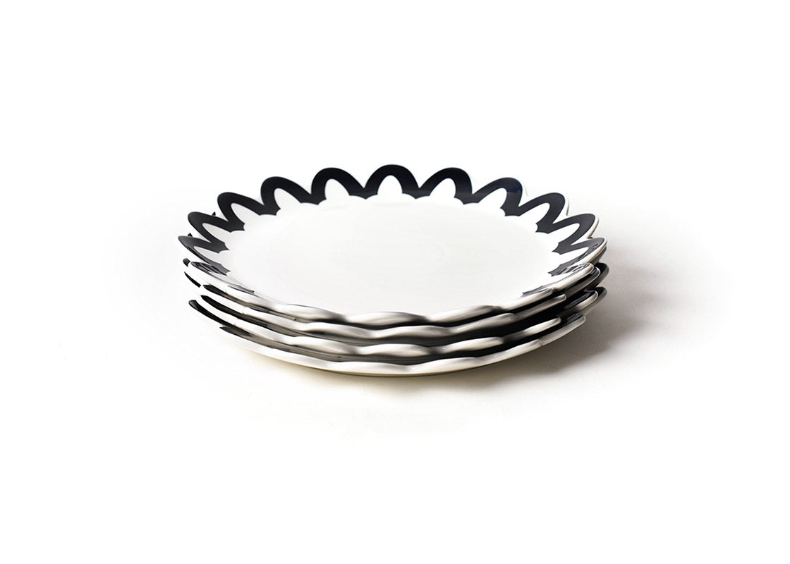 Front View of Neatly Stacked Black Arabesque Trim Scallop Edge Platter Set of 4 Showing all Pieces in Set