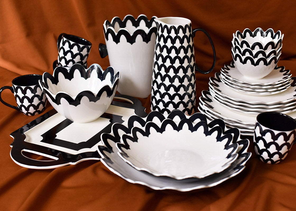 Front View of Crew Collection Including Black Arabesque Scallop 14in Pasta Bowl