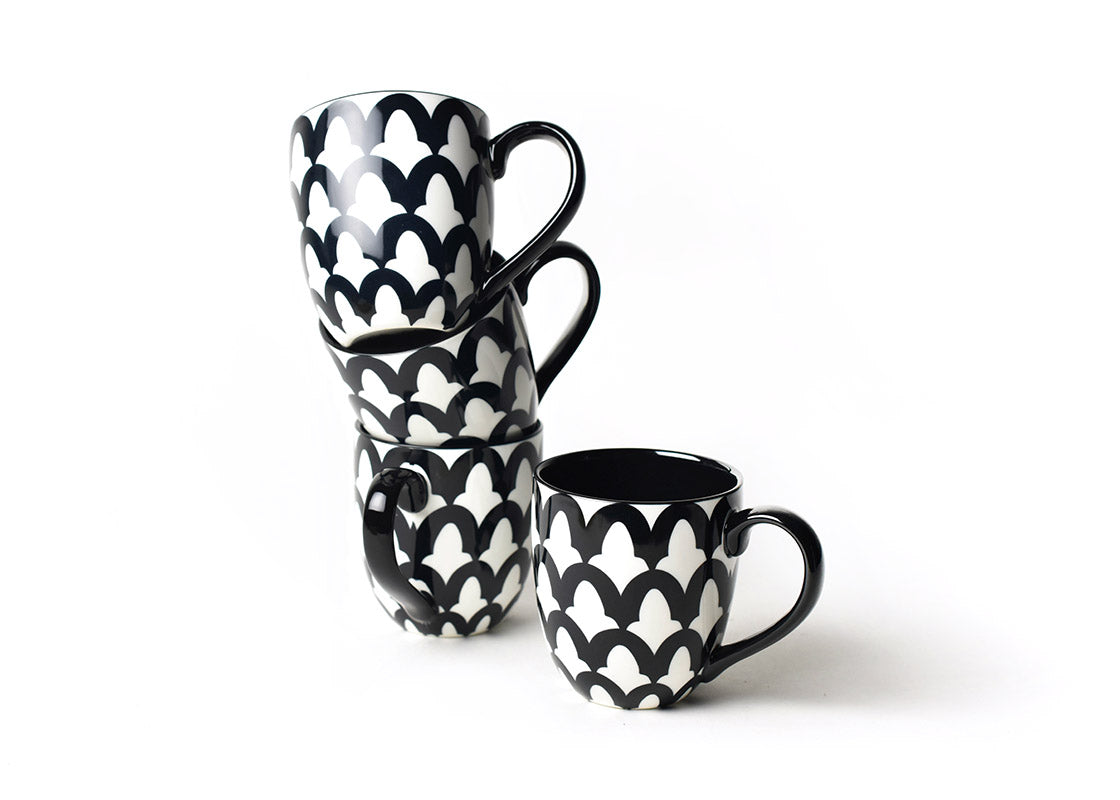 Front View of Black Arabesque Mug Set of 4 Showing all Pieces in Set