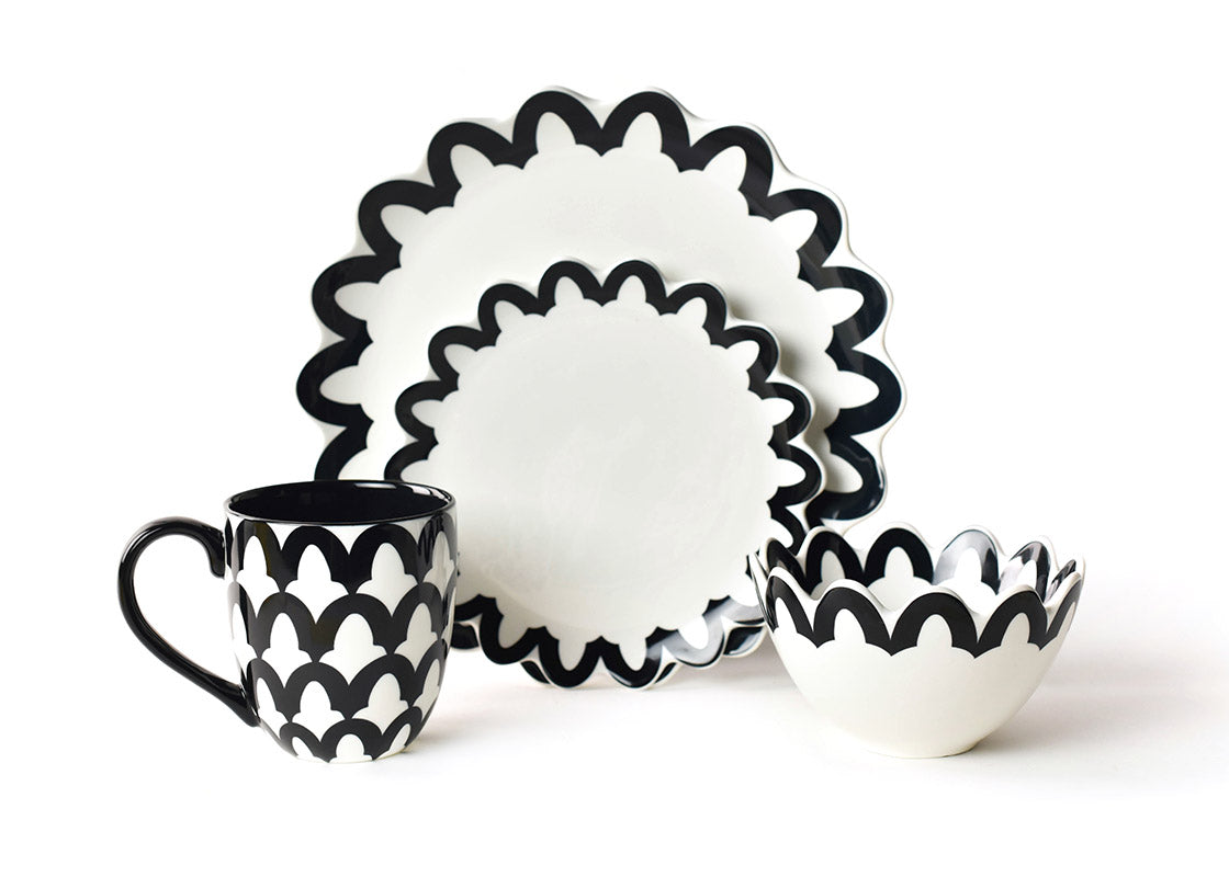 Front View of Coordinating Black Arabesque Scallop 4 Piece Place Setting