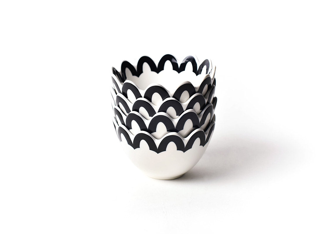 Front View of Neatly Stacked Black Arabesque Trim Scallop Small Bowl Set of 4 Showcasing Repeating Design on Inside and Outside Rim