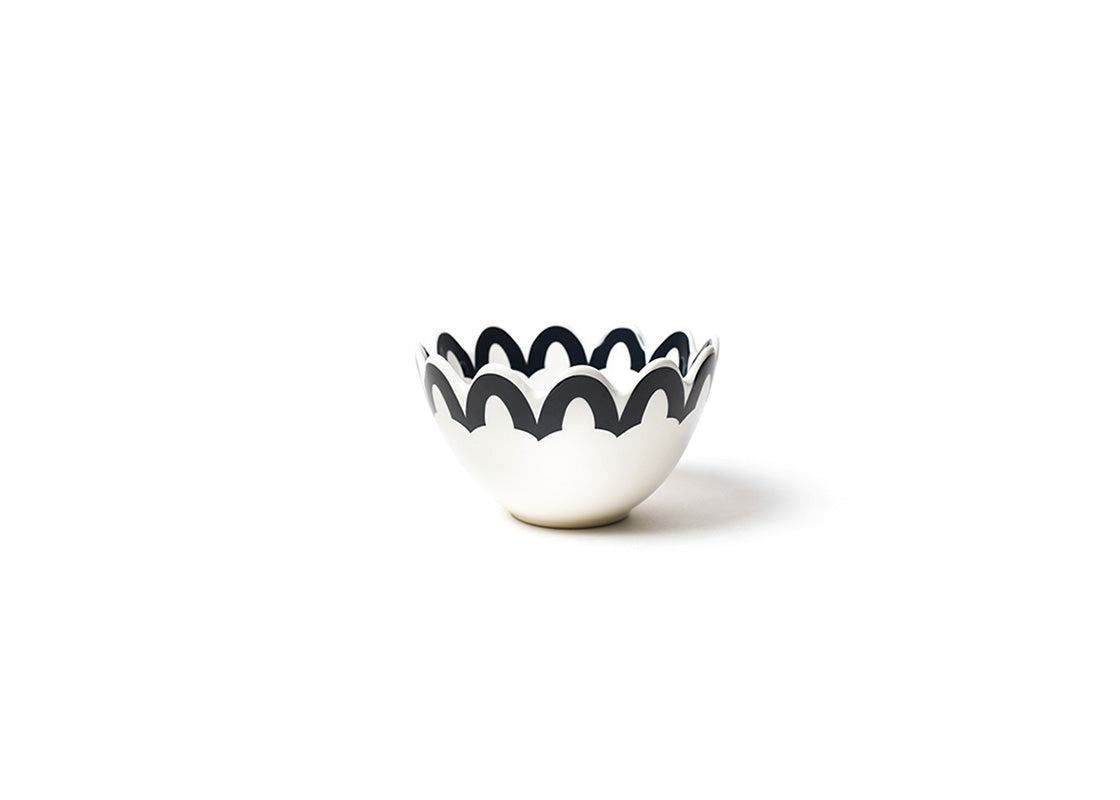 Front View of Black Arabesque Trim Scallop Small Bowl Showcasing Design Details on Outside