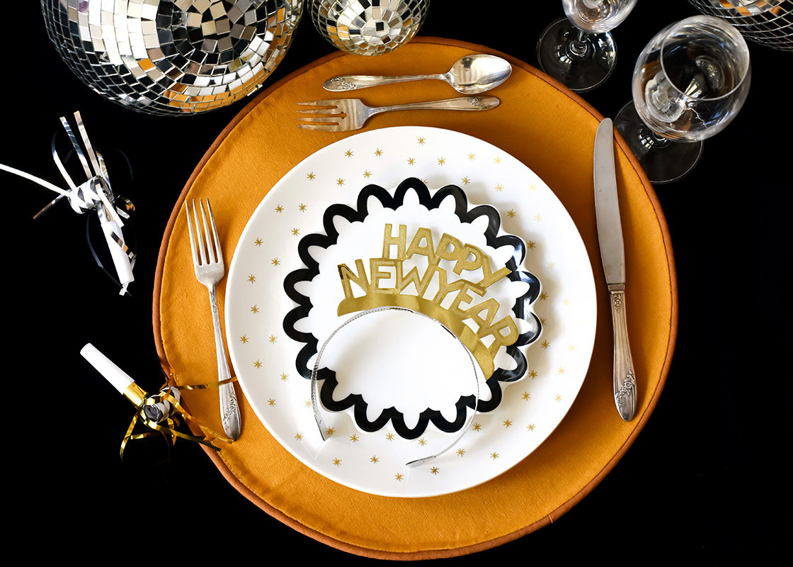 Overhead View of Individual Place Setting with Black Arabesque Trim Scallop Salad Plate and Birthday Crown