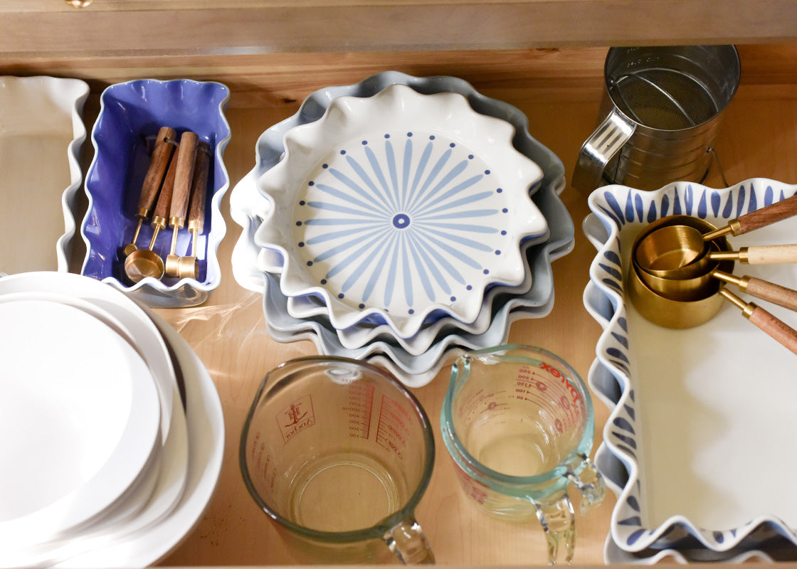 Overhead View of Stacks of Bakeware Including 8in Ruffle Pie Dish with Coordinating Pieces