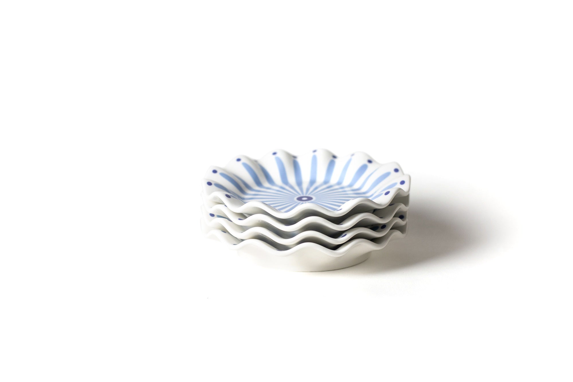 Front View of Neatly Stacked Iris Blue Burst Ruffle Salad Plate Set of 4 Showcasing Handcrafted Ruffled Edge and Unique Pattern