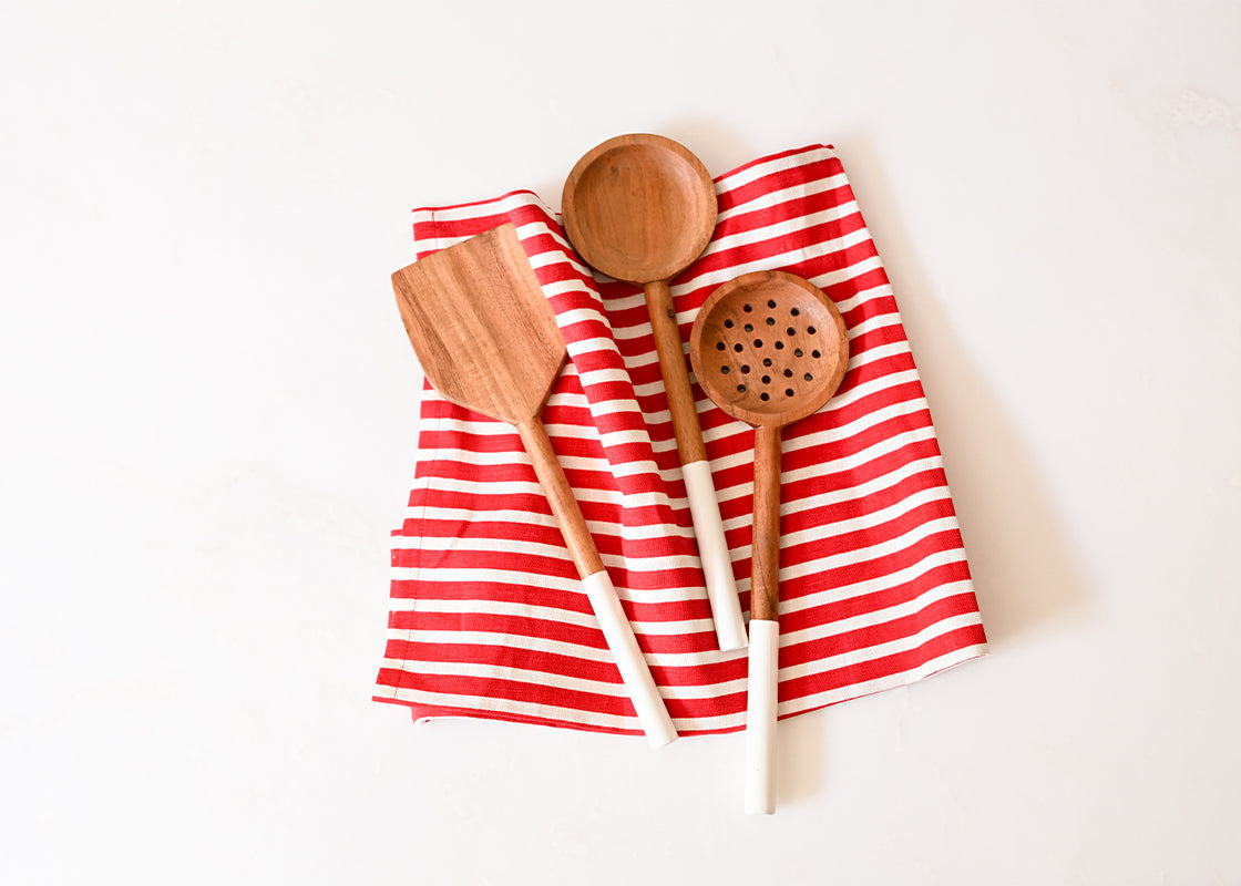 Wooden Slotted Spoon with Straight White Enamel Handle