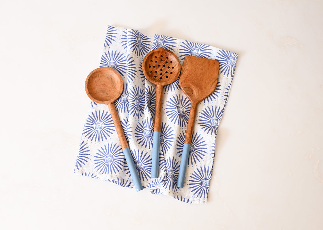 Wooden Slotted Spoon with Straight French Blue Enamel Handle