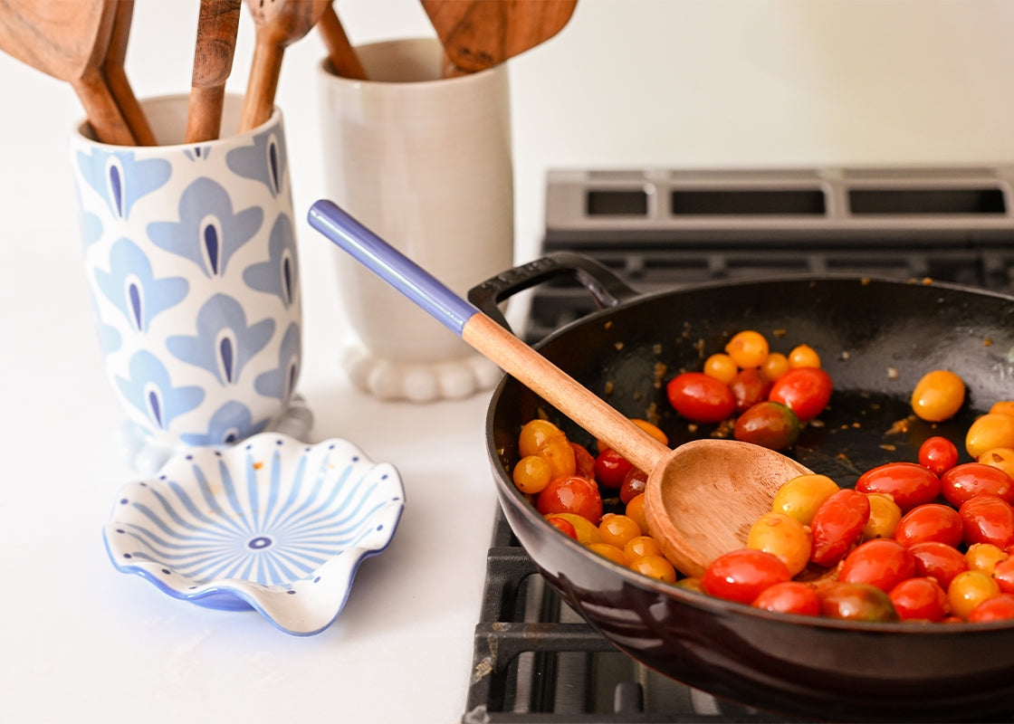 Wooden Spoon with Straight Iris Blue Enamel Handle