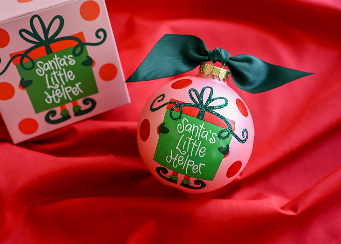 Pink Santa's Little Helper Gift Glass Ornament