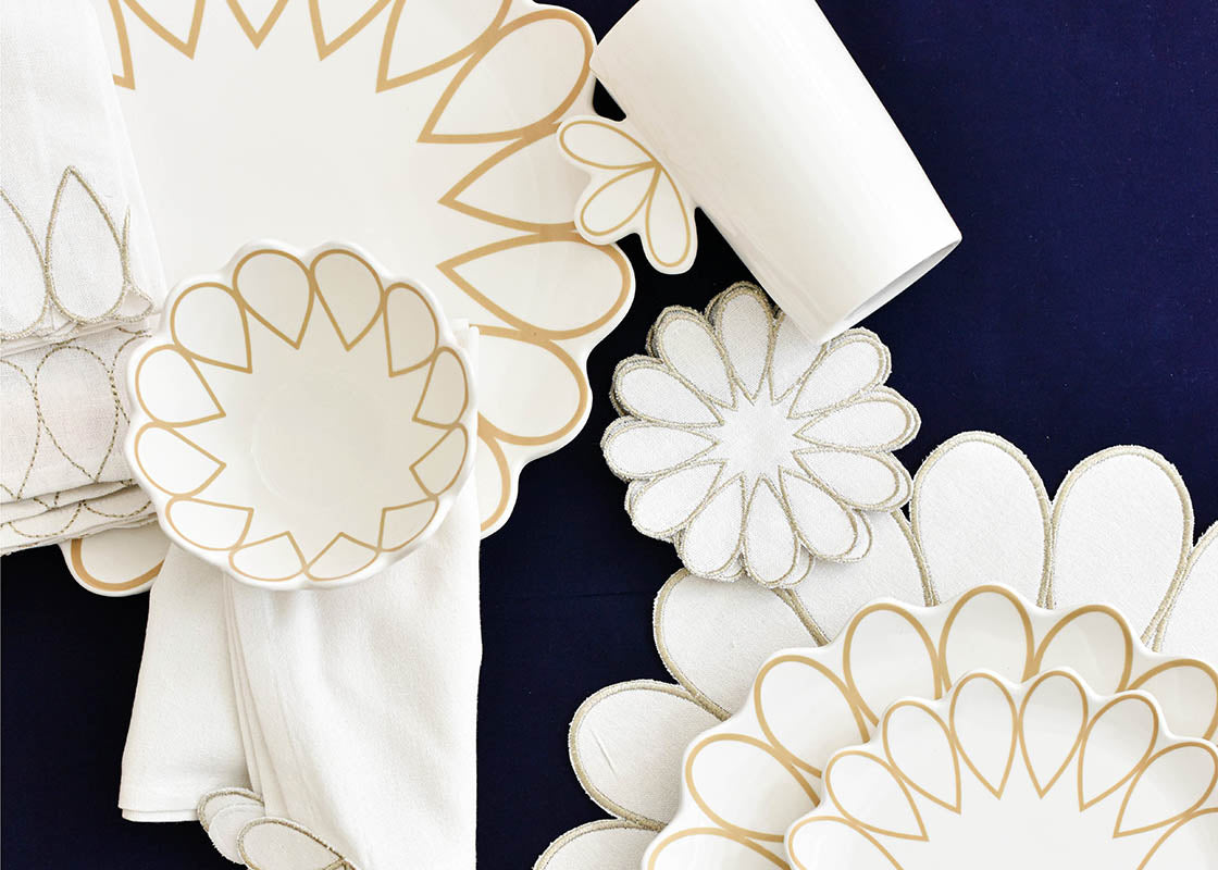 Overhead View of Coordinating Pieces from Deco Collection including Deco Gold Scallop Mug