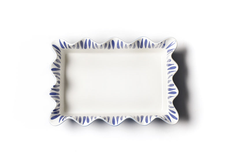 Rectangular white and blue dish with a frame, showcasing the Iris Blue Drop 13 Casserole product.