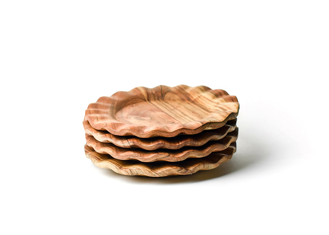 Front View of Neatly Stacked Fundamental Wood Ruffle Dinner Plate Set of 4 Showing all Pieces in Set