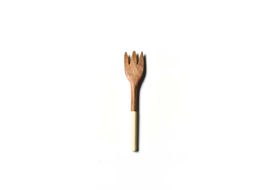 Overhead View of Ecru Fundamental Wood Appetizer Fork Showcasing Colored Handle