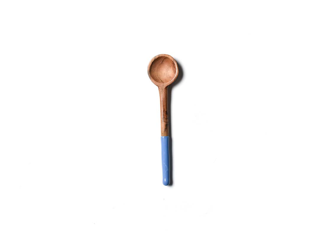 Overhead View of Blue Fundamental Wood Appetizer Spoon Showcasing Colored Handle