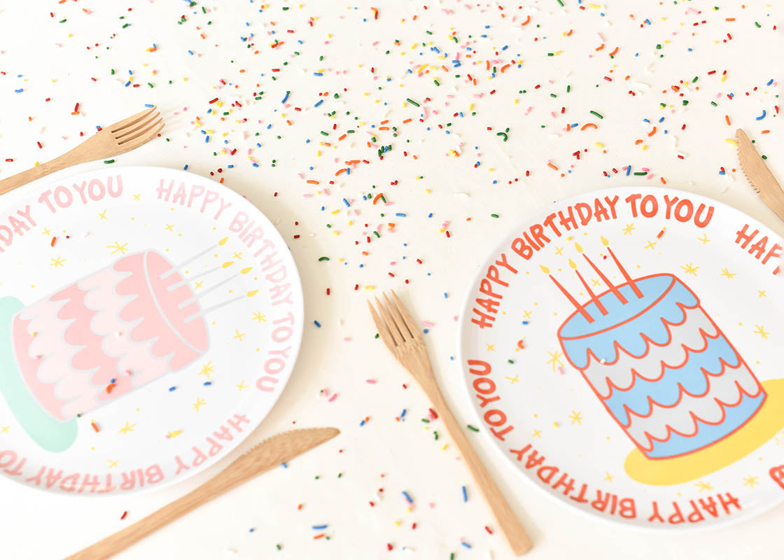 Cropped Close up of Two Place Settings with Blue Happy Birthday Cake Melamine Dinner Plate