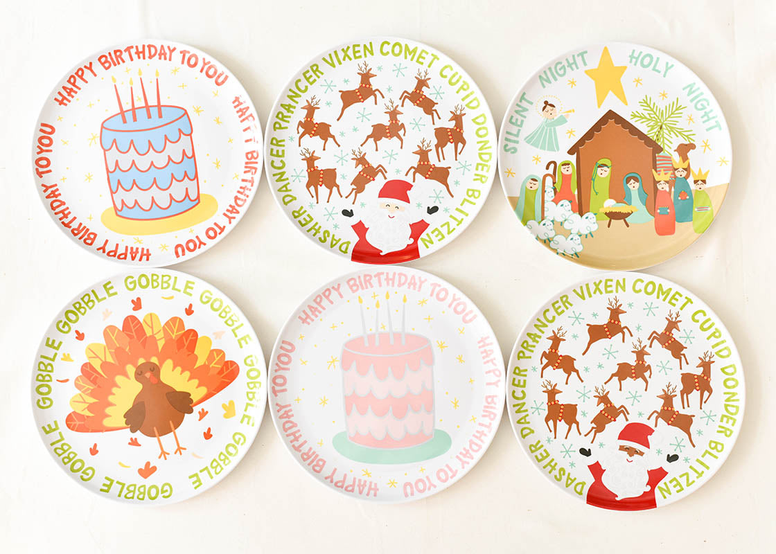 Overhead View of Two Rows of Melamine Dinner Plates Including Blue Happy Birthday Cake Melamine Dinner Plate