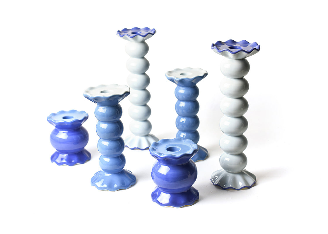 Front View of Iris Blue Knobbed Candle Holder with Ruffle 6 Piece Set Showing all Pieces in Set