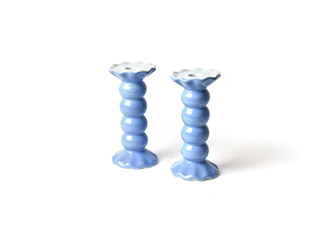 Front View of French Blue Medium Knobbed Candle Holder with Ruffle Set of 2 Showing all Pieces in Set