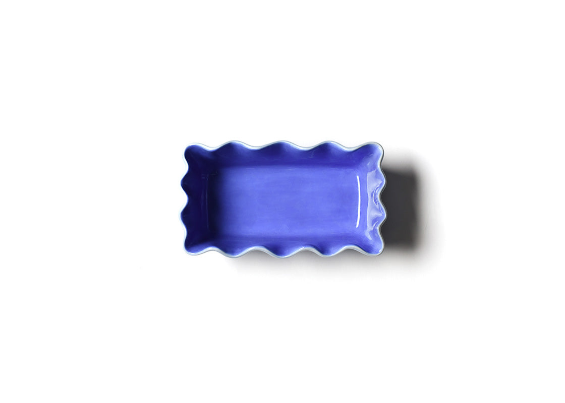 Interior view of Iris Blue Ruffle Loaf Pan Showcasing Hand-Painted Colored Design on Inside