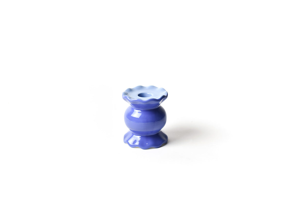 Front View of Iris Blue Small Ruffle Knob Candle Holder Showcasing Hand-Painting on Outside