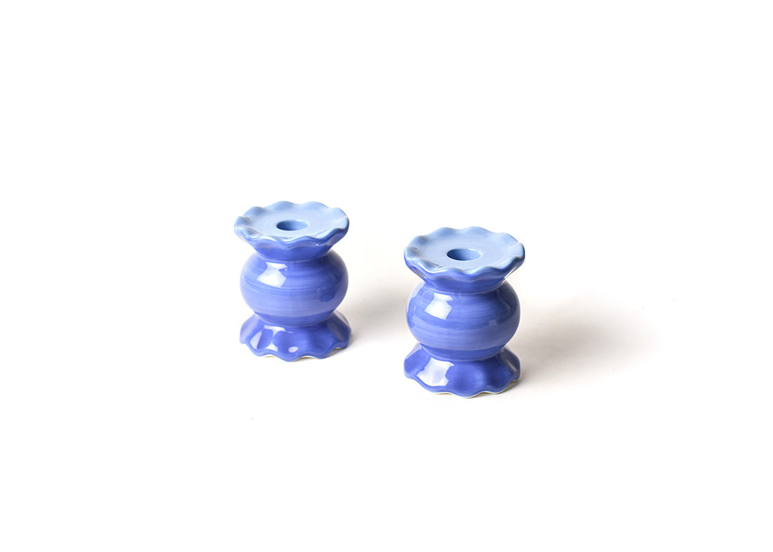 Front View of Iris Blue Small Knob Candle Holder with Ruffle Set of 2 Showing all Pieces in Set