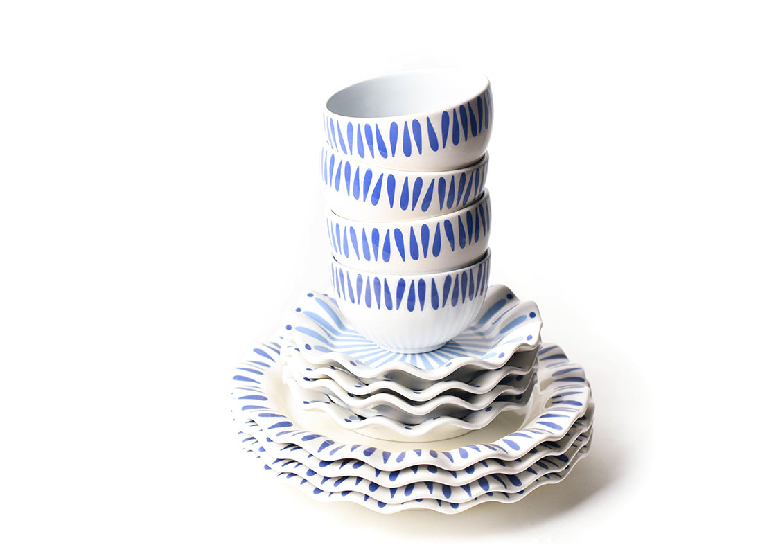 Front View of Neatly Stacked Iris Blue Dinnerware 12 Piece Set Showing all Pieces in Set