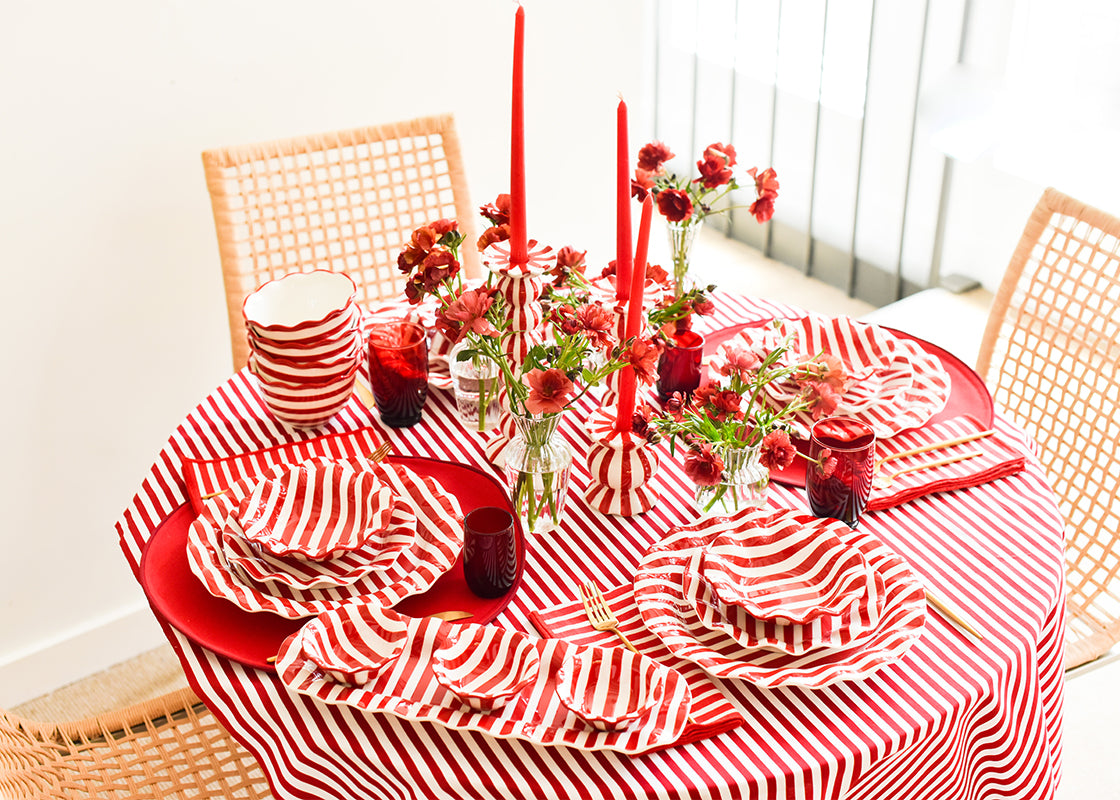 Red Stripe Small Ruffle Knob Candle Holder Set of 2