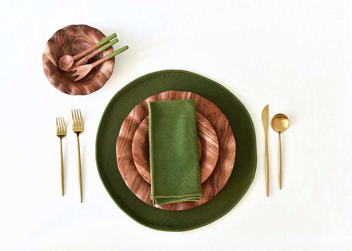 Overhead View of Individual Place Setting Set on Olive Color Block Round Placemat