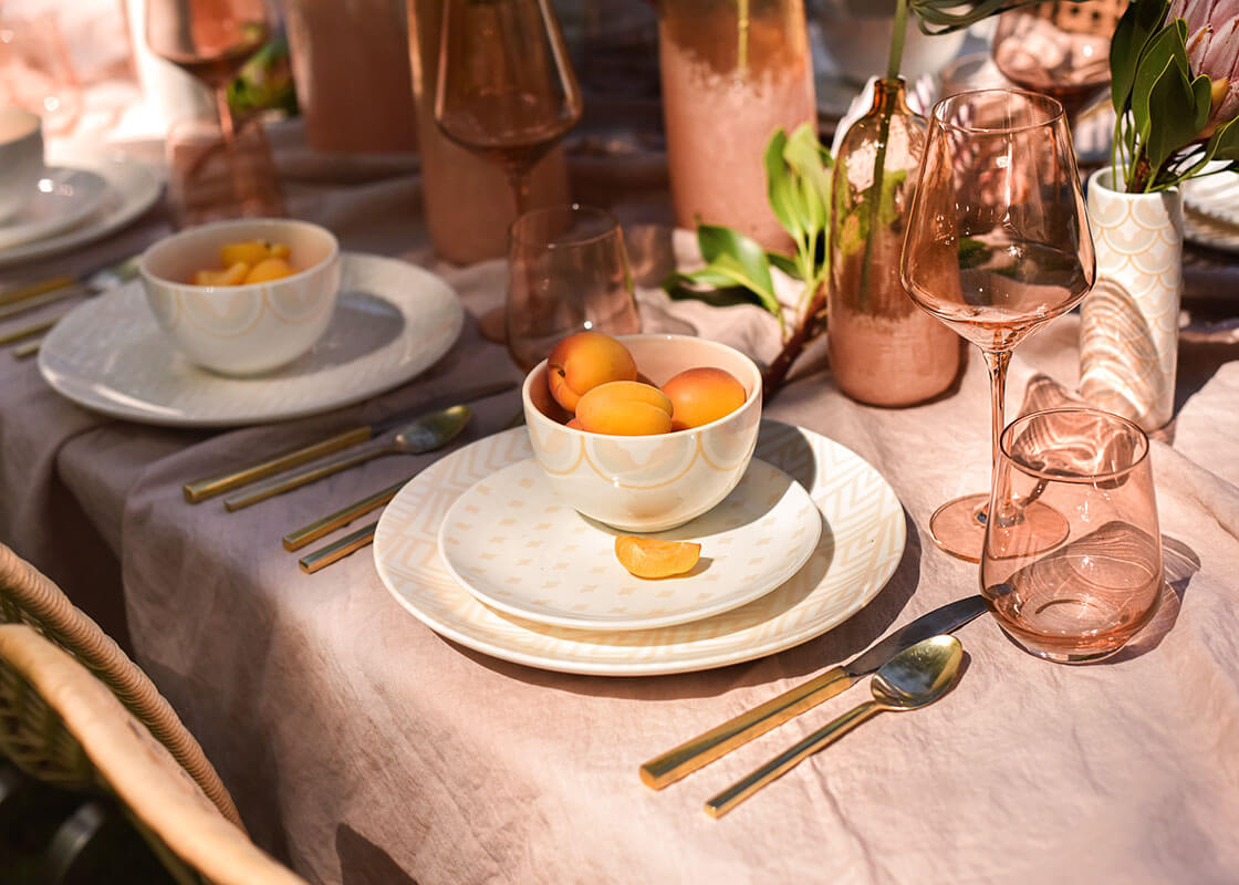 Cropped View of a Blush Quatrefoil Salad Plate included in a Beautiful Blush Tablescape