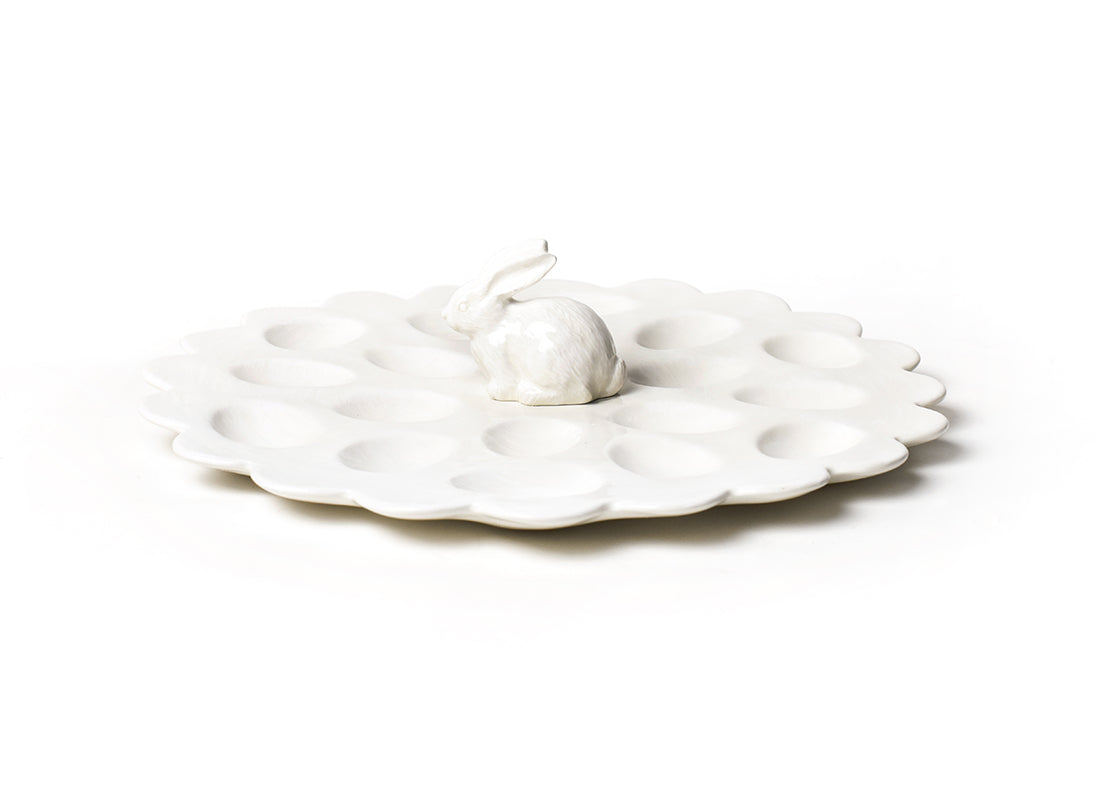 Front View of White Shaped Rabbit Egg Tray Showcasing Unique Scalloped Edge and Rabbit Shaped Handle