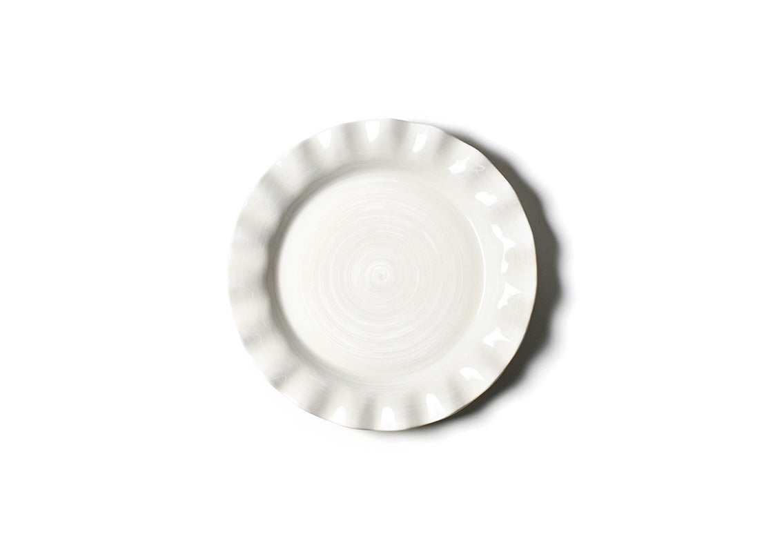 Overhead View of Signature White Ruffle Dinner Plate Showcasing Subtle Hand-Painted Brushstrokes