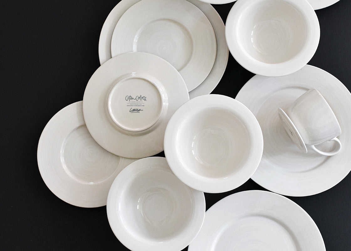 Overhead View of Rimmed Dinnerware Including Signature White Rimmed 4 Piece Place Setting