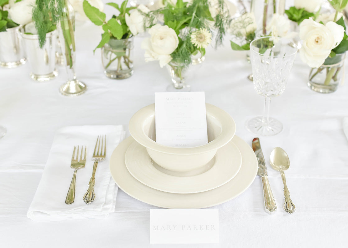 Overhead View of Plates and Bowl in Signature White Rimmed 4 Piece Place Setting with Beautiful Florals