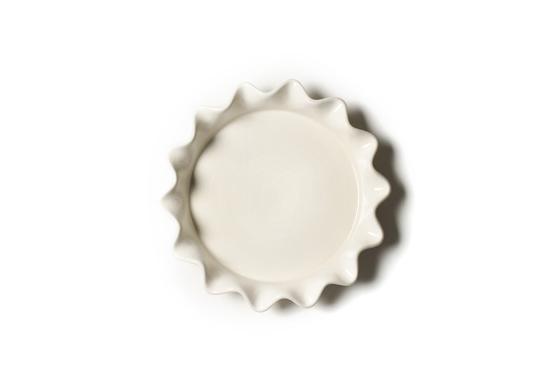 Interior view of Signature White 8 Ruffle Pie Dish Showcasing Subtle Hand-Painted Brushstrokes on Inside