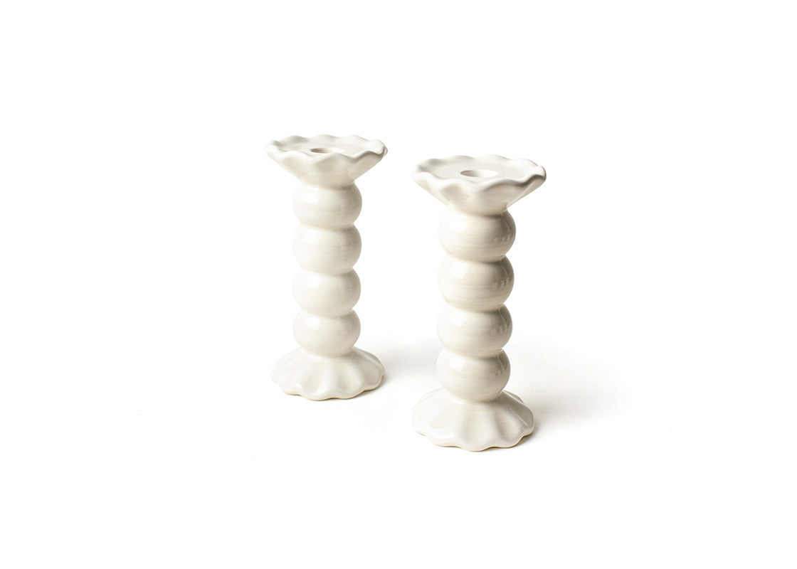 Front View of Signature White Medium Knobbed Candle Holder with Ruffle Set of 2 Showing all Pieces in Set