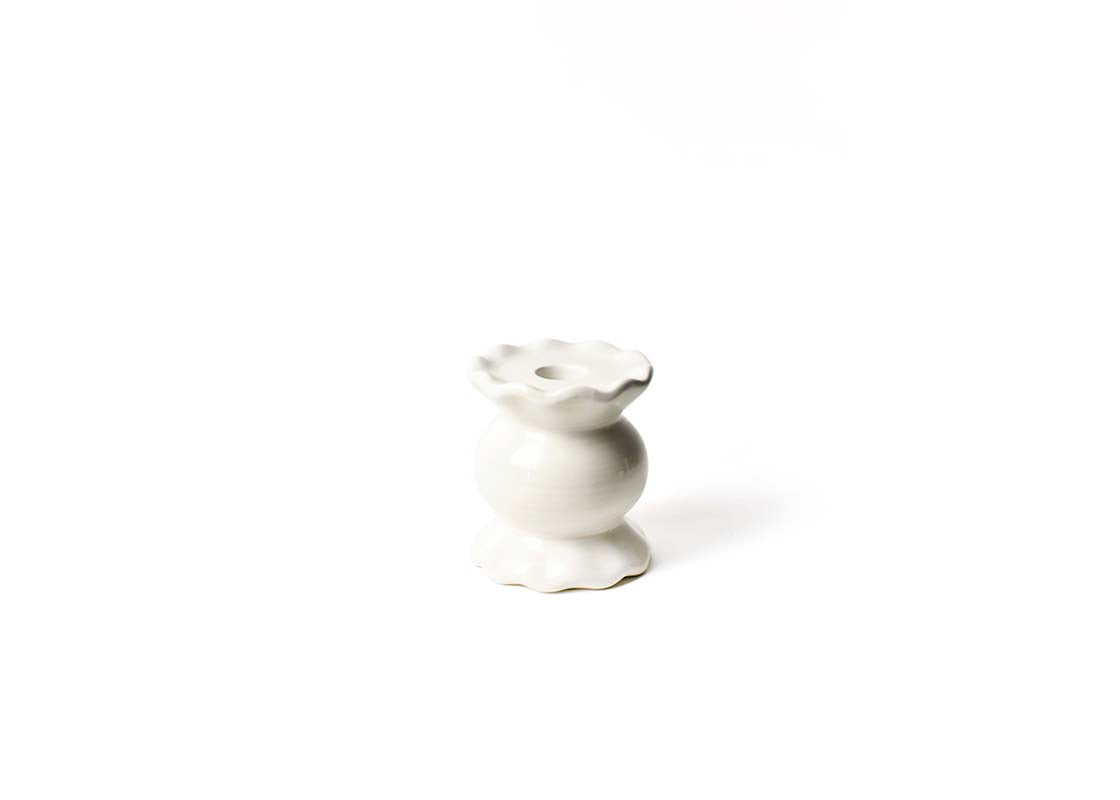 Front View of Signature White Small Ruffle Knob Candle Holder Showcasing Hand-Painting on Outside