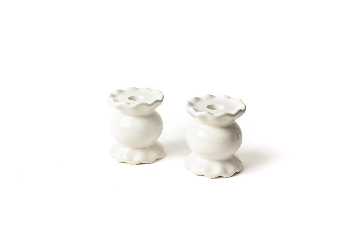 Front View of Signature White Small Knob Candle Holder with Ruffle Set of 2 Showing all Pieces in Set