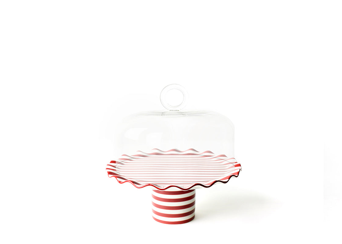 Red Stripe Large Cake Stand with Glass Dome