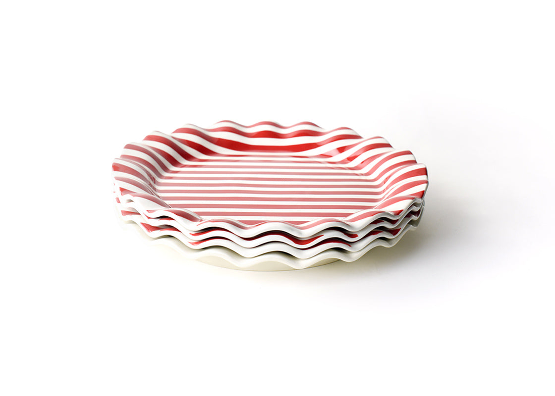 Red Stripe Ruffle Round Platter Set of 4