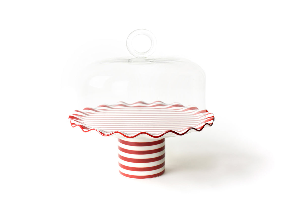 Red Stripe Small Cake Stand with Glass Dome