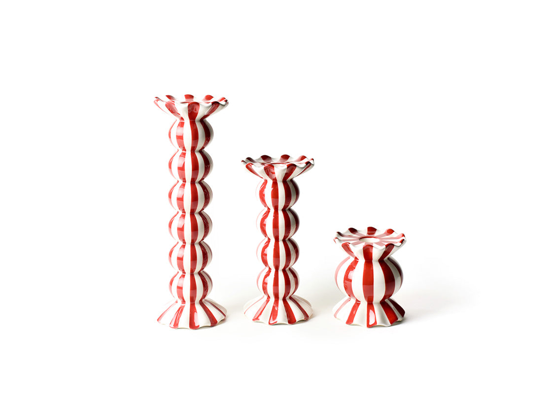 Red Stripe Knobbed Candle Holder with Ruffle 3 Piece Set