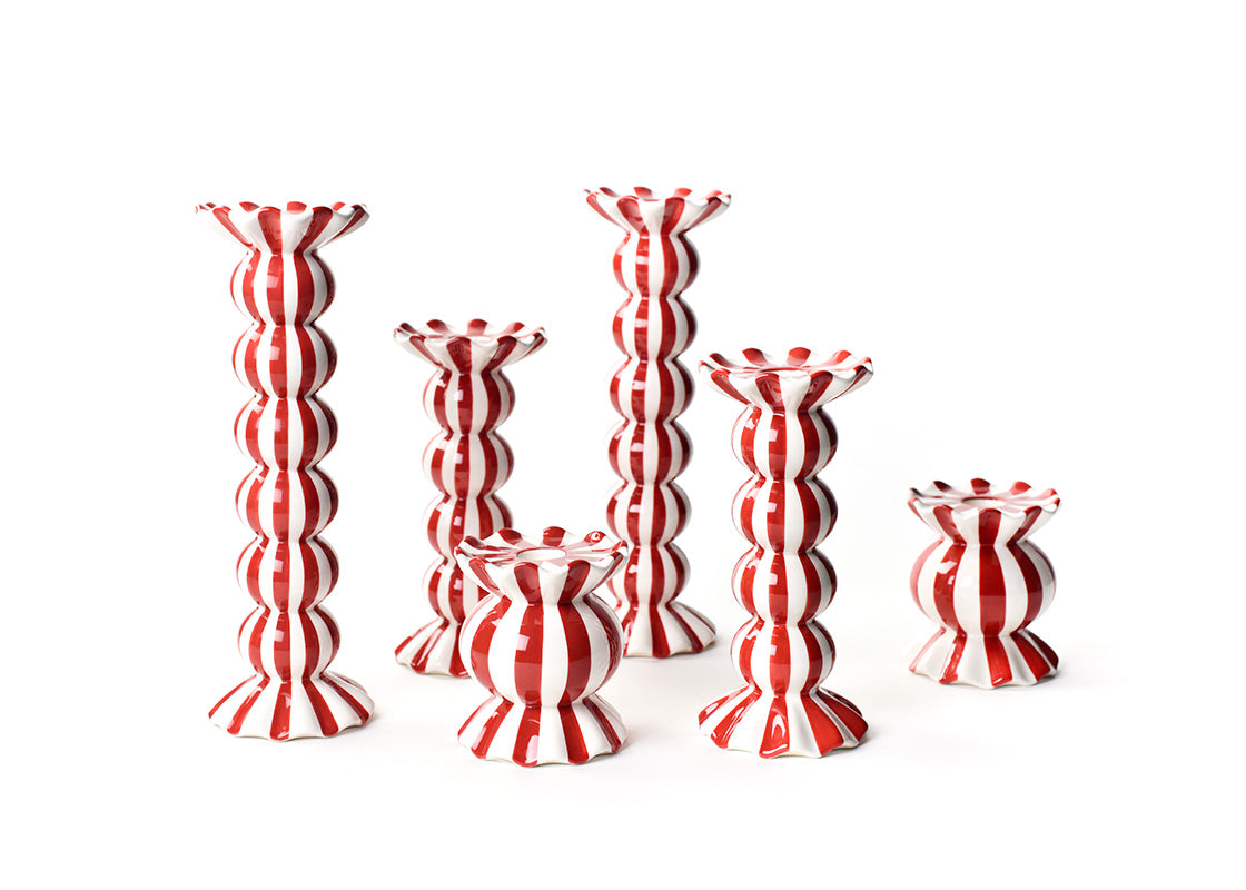 Red Stripe Knobbed Candle Holder with Ruffle 6 Piece Set
