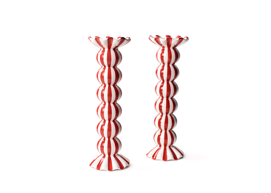 Red Stripe Large Ruffle Knobbed Candle Holder Set of 2