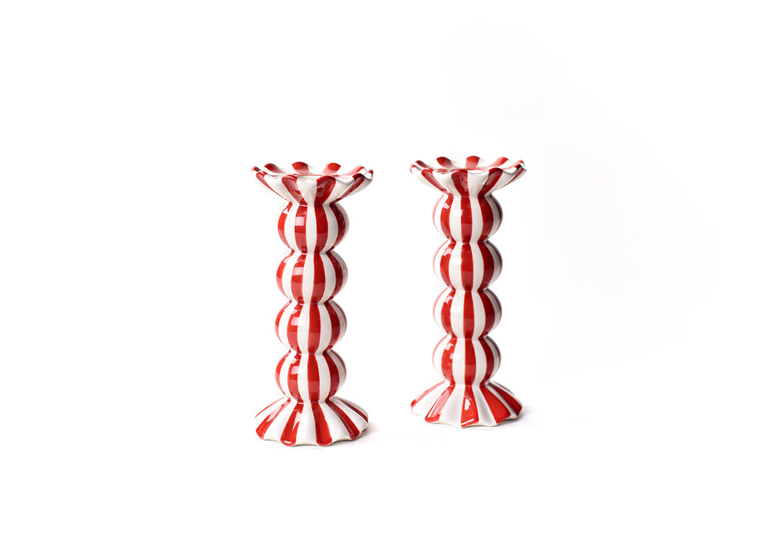 Red Stripe Medium Ruffle Knobbed Candle Holder Set of 2