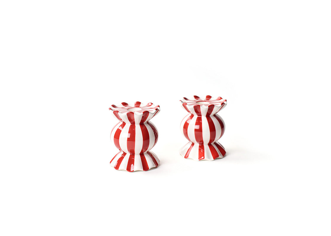 Red Stripe Small Ruffle Knob Candle Holder Set of 2