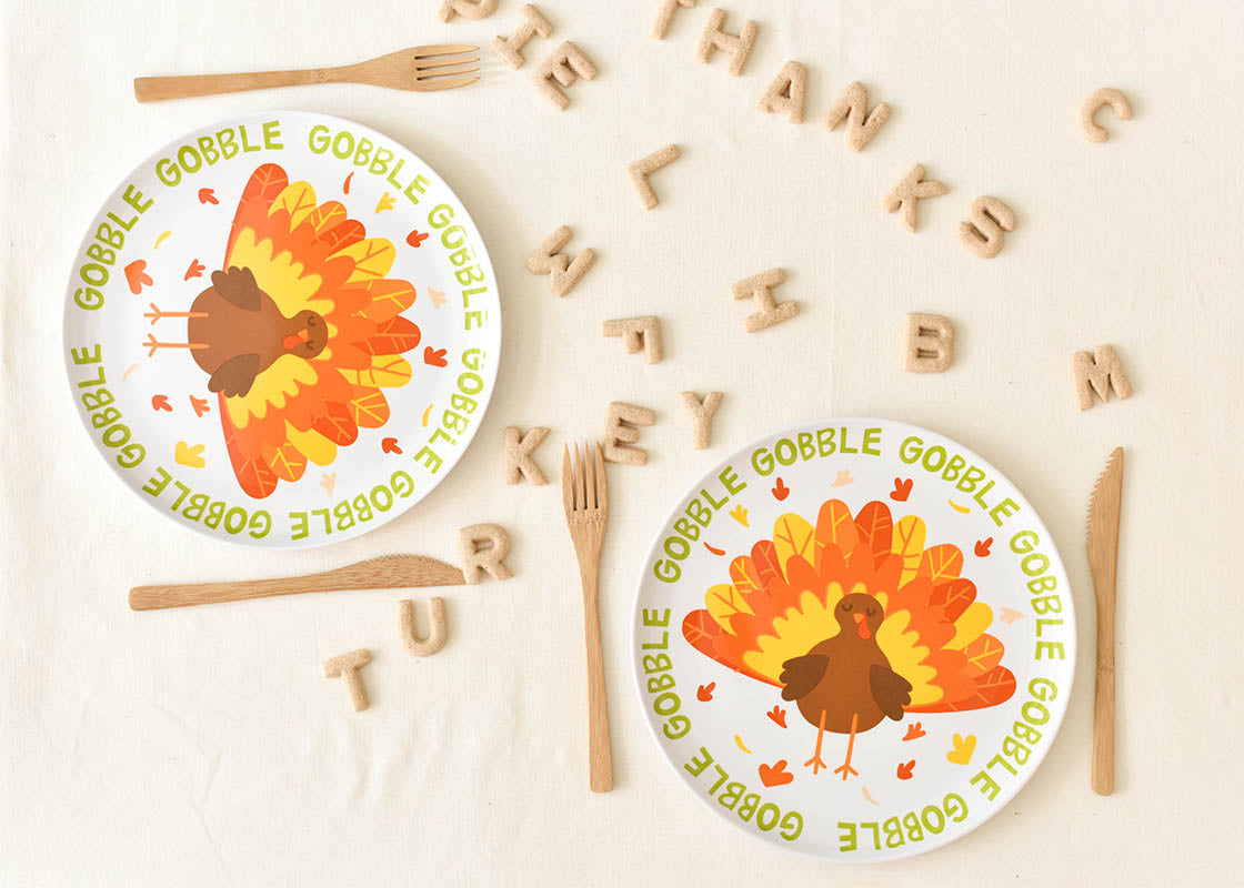 Overhead View of Two Place Settings Using Thanksgiving Turkey Melamine Dinner Plate